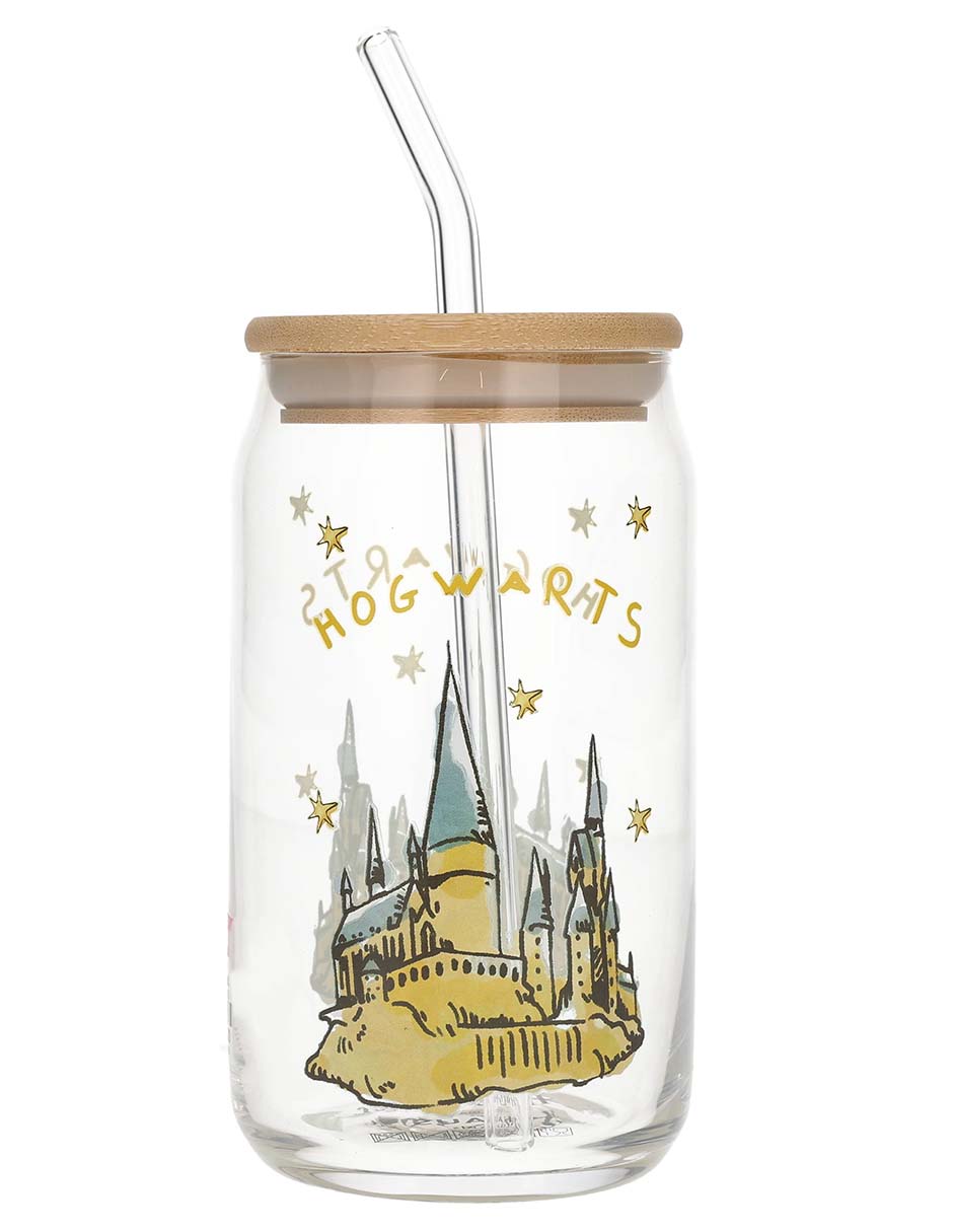 Set de vasos con tapa y popote Harry Potter de vidrio con 3 piezas