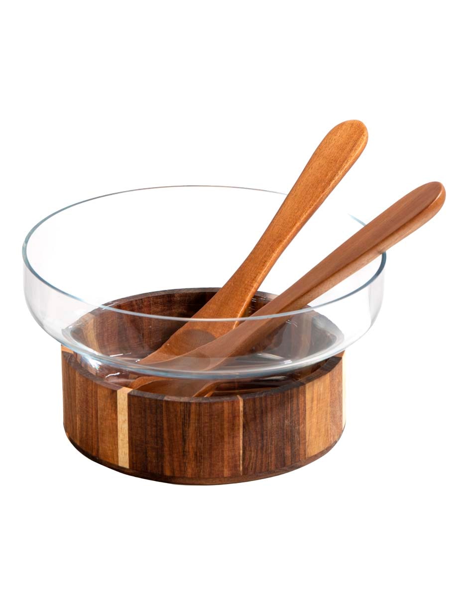 Ensaladera de vidrio y madera acacia 2