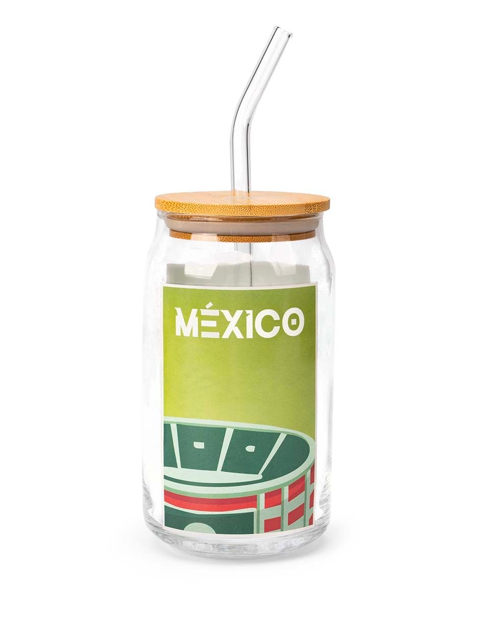 Vaso con tapa y popote Mundial México de vidrio 1