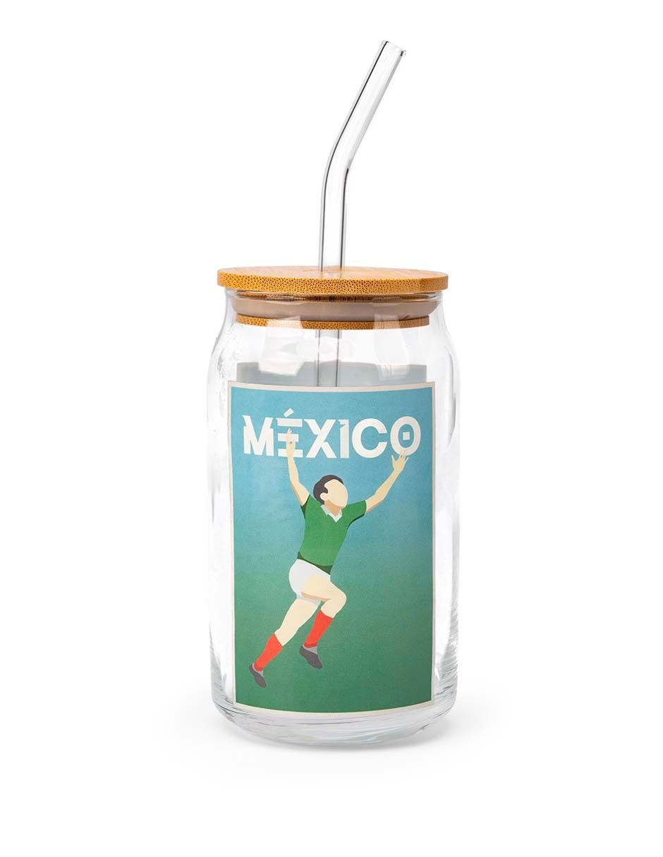 Vaso con tapa y popote Mundial México de vidrio 1