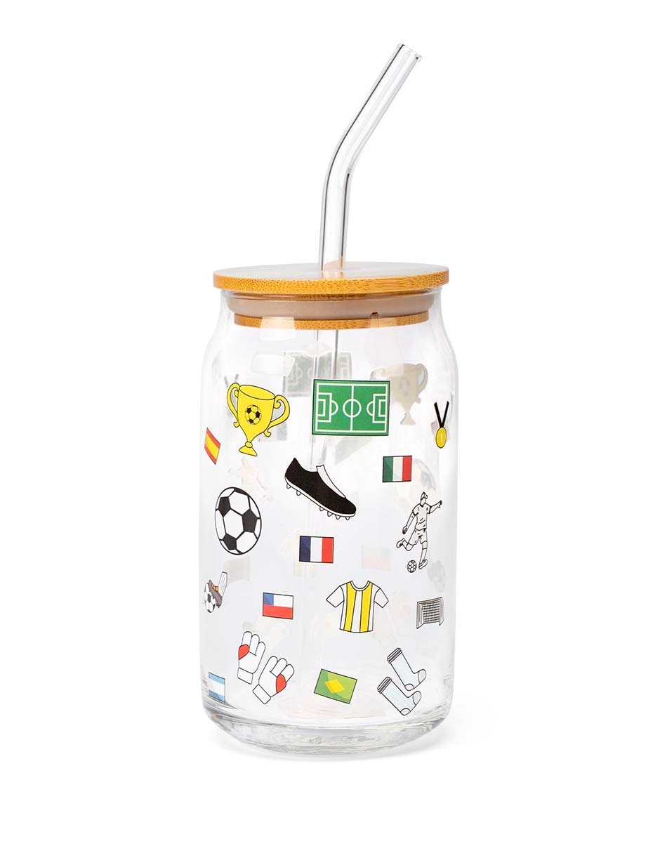 Vaso con tapa y popote Mundial de vidrio 1