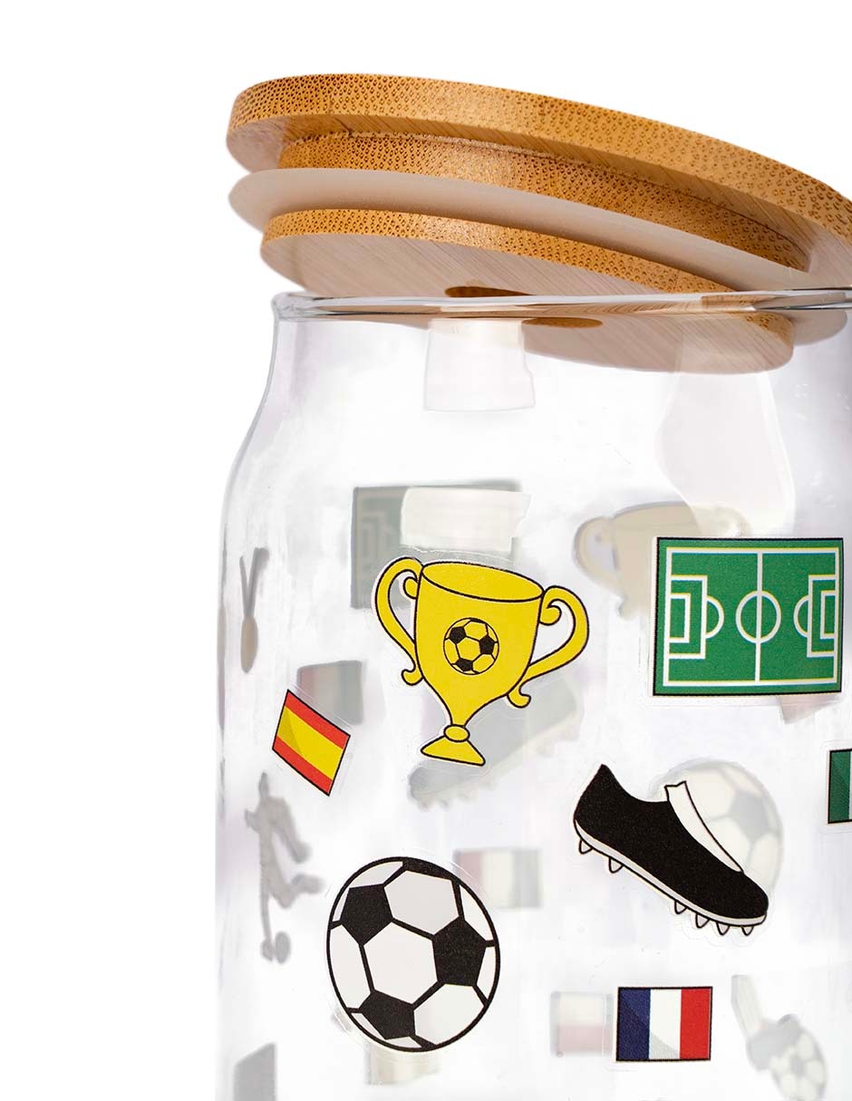 Vaso con tapa y popote Mundial de vidrio 2